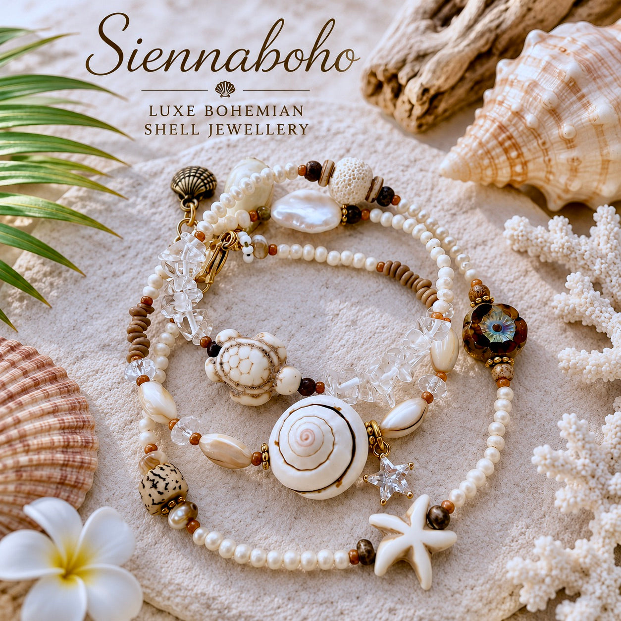 Coastal Turtle & Shell Pearl Boho Wrap Bracelet