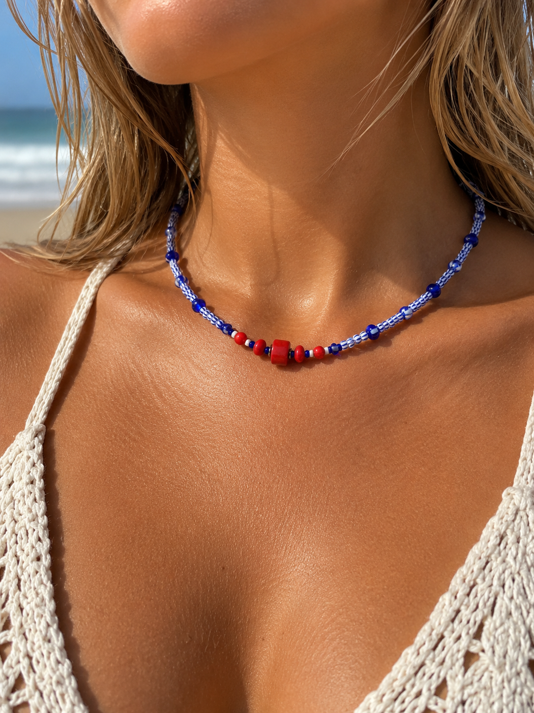 Coral Coast Blue Boho Seed Bead Necklace