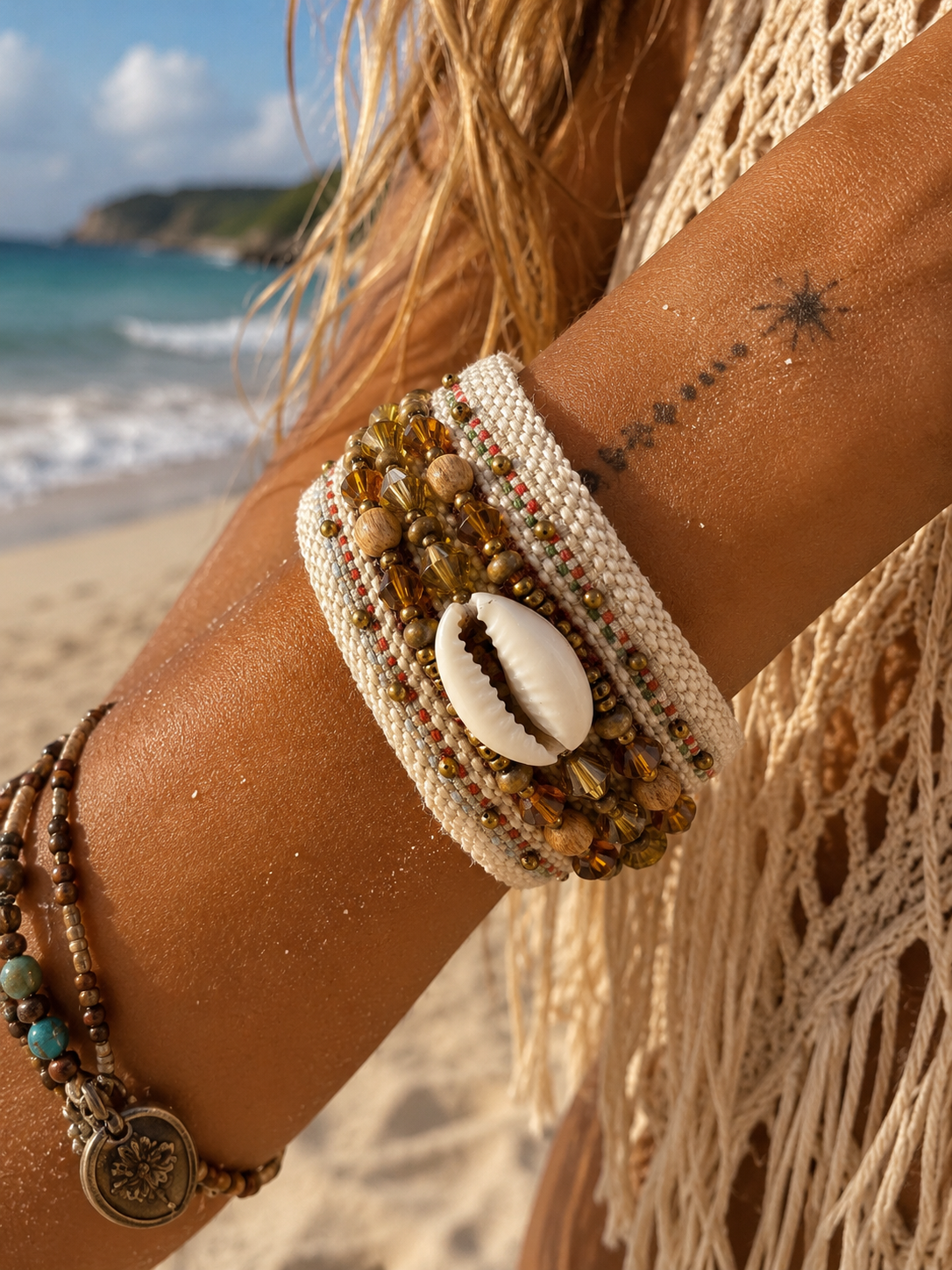 Embroidered Cowrie Shell Crystal Cuff Bracelet