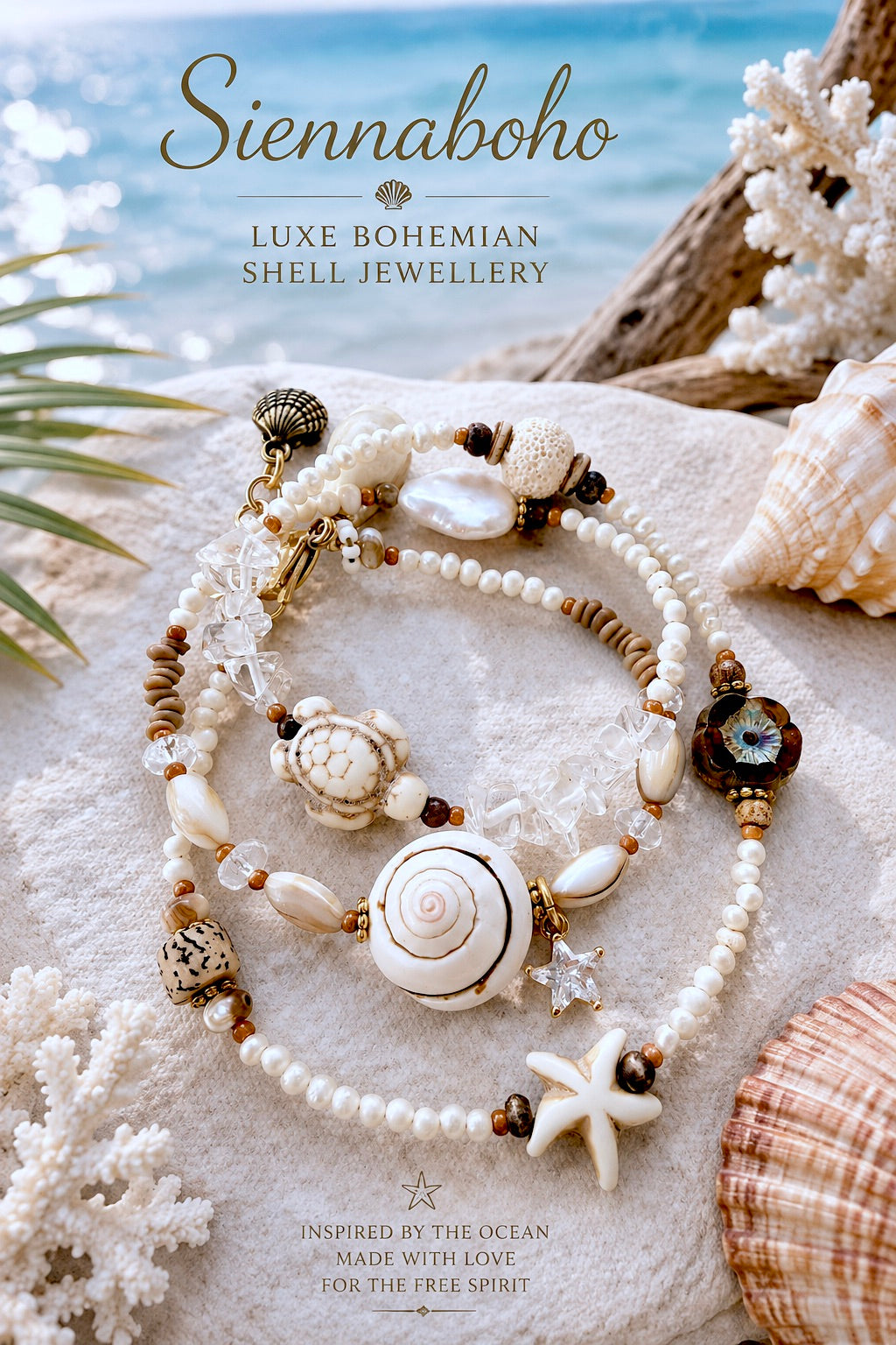 Coastal Turtle & Shell Pearl Boho Wrap Bracelet