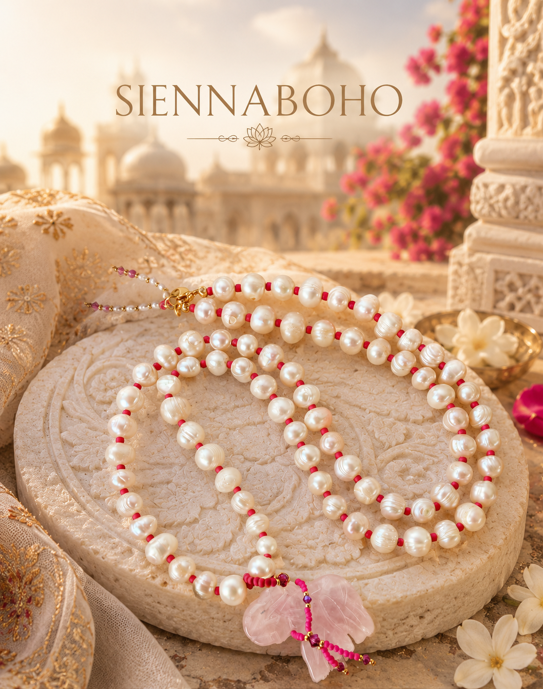 Bohemian Rose Quartz Elephant Necklace - Freshwater Pearls