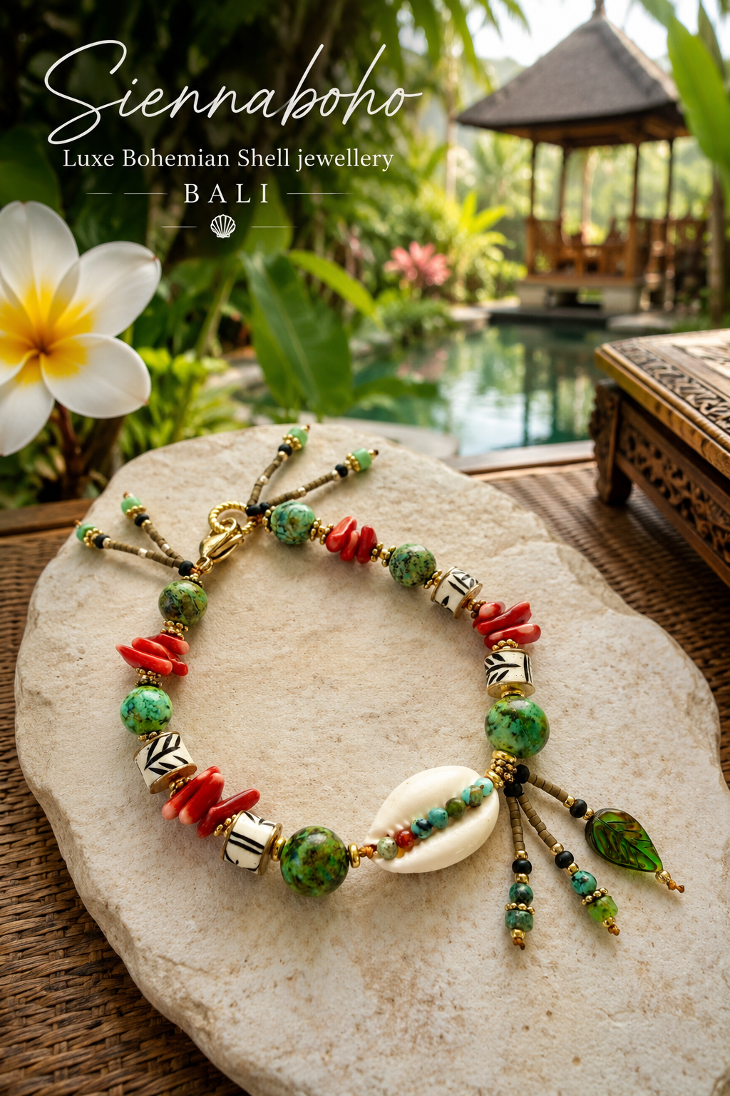 Hawaii Island Turquoise Cowrie Charm  Bracelet