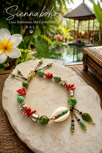 Hawaii Island Turquoise Cowrie Charm  Bracelet