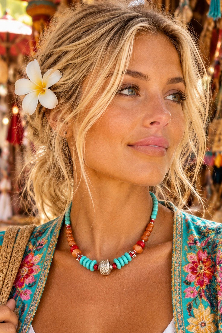 Turquoise Stone &  Red Coral Necklace