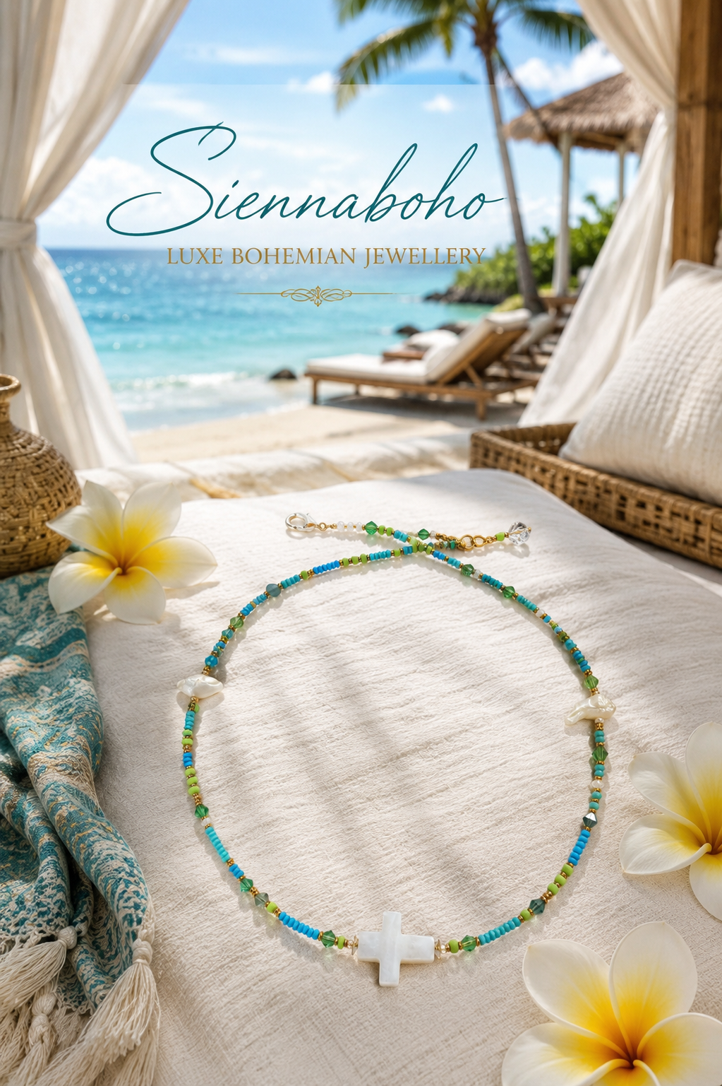 Ocean Shell Cross Pearl Seed Bead Necklace