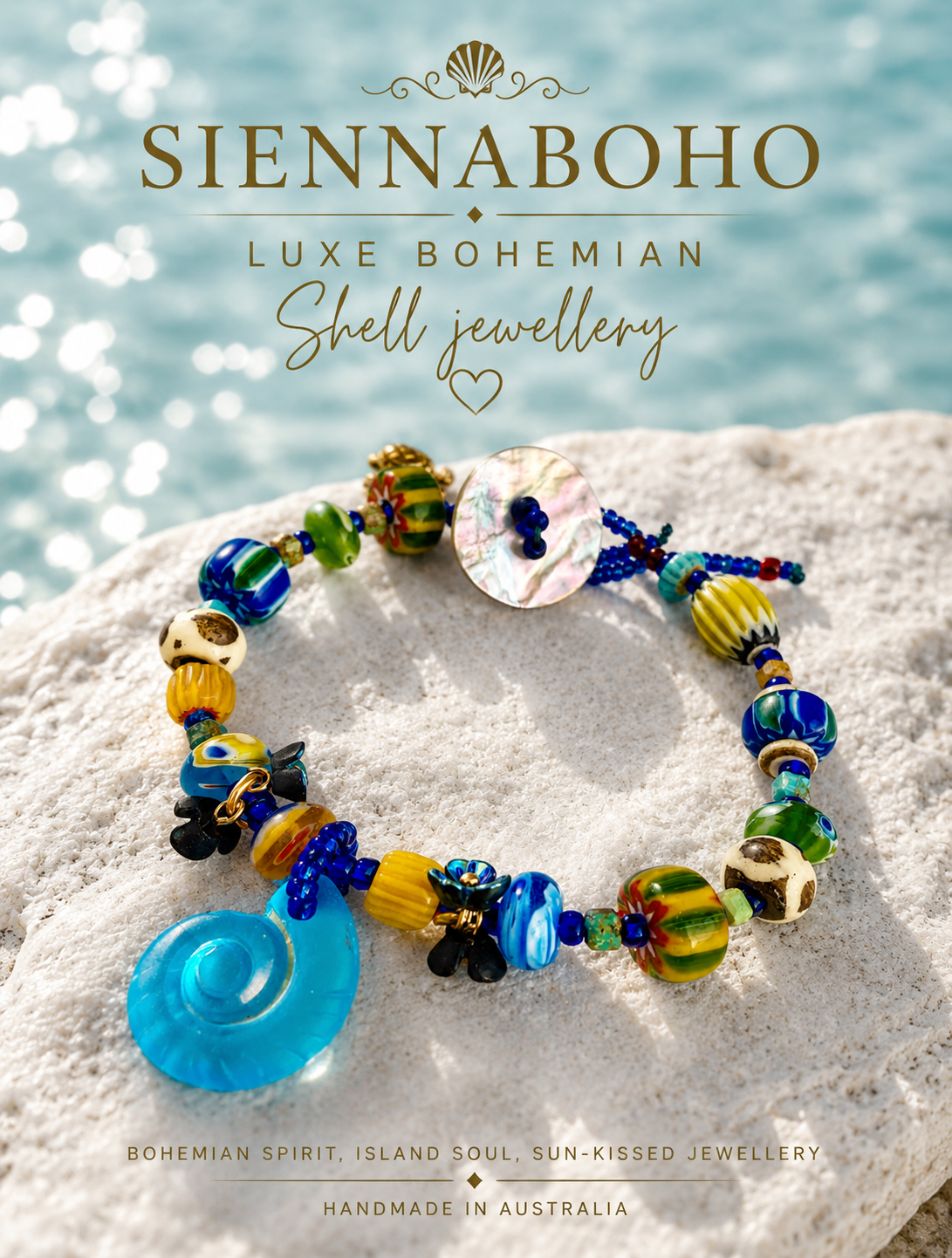 Blue Sea Glass Shell Boho Bracelet