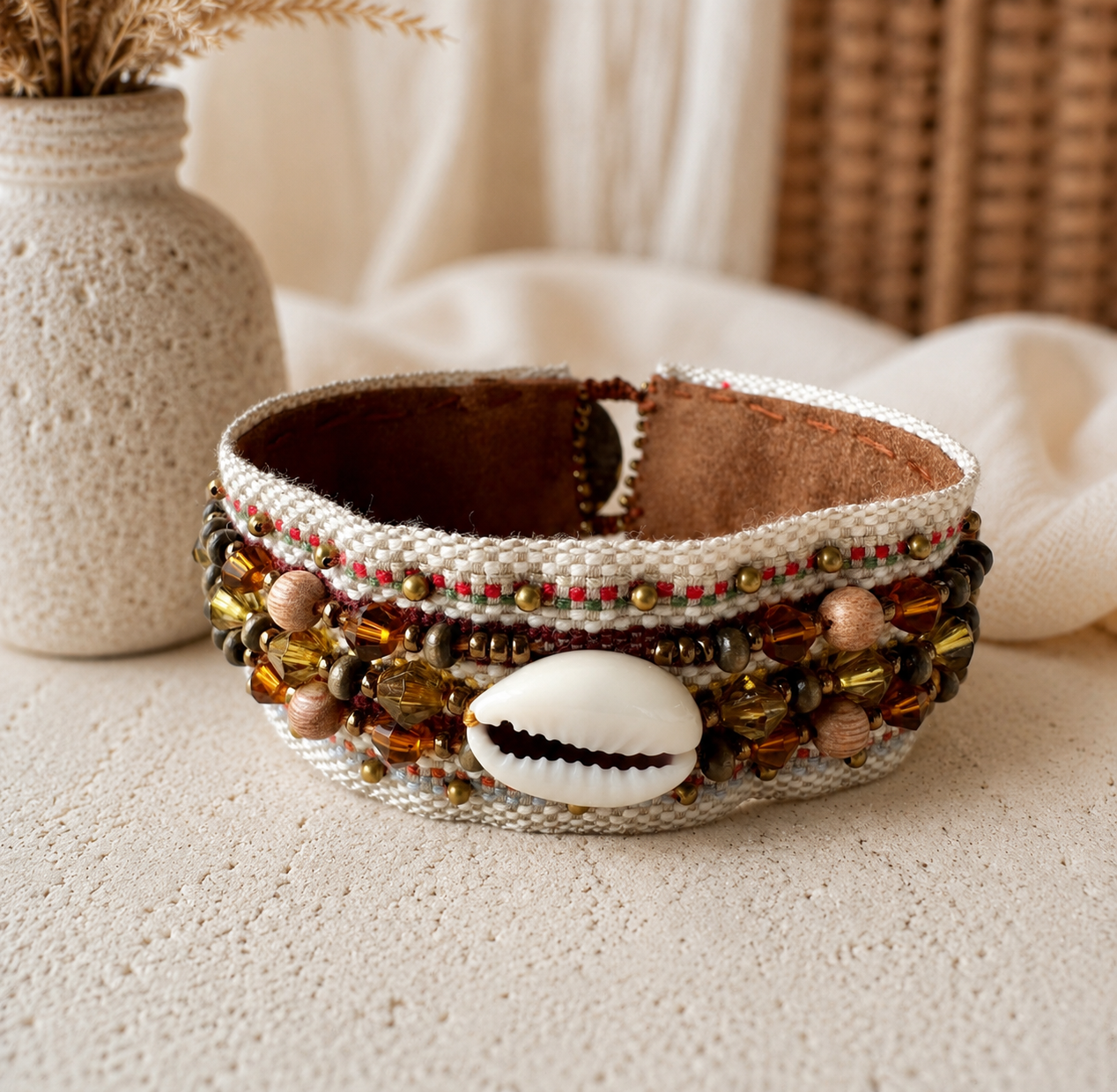 Embroidered Cowrie Shell Crystal Cuff Bracelet