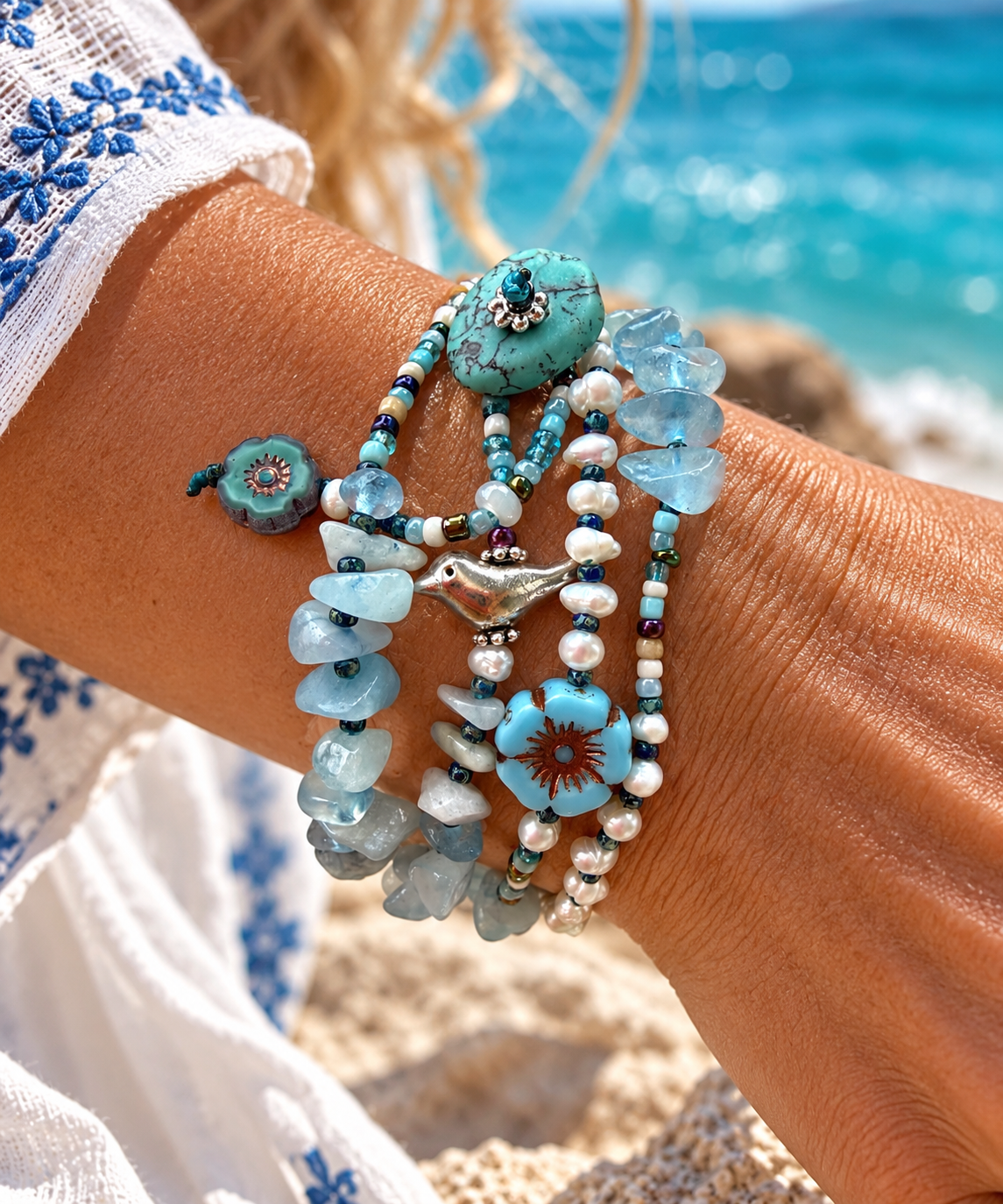 Coastal Ocean Blue Stone Pearl Bracelet