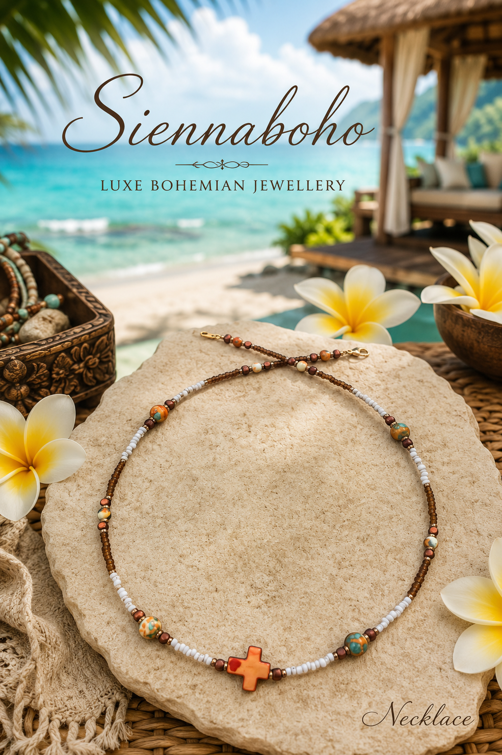 Sandy Beach Seed Bead Cross Necklace