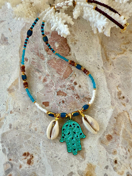 Hasma Hand Cowrie Shell Seed Bead Necklace