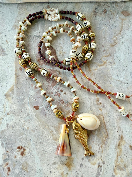 Brown Beaded Cowrie Shell Necklace