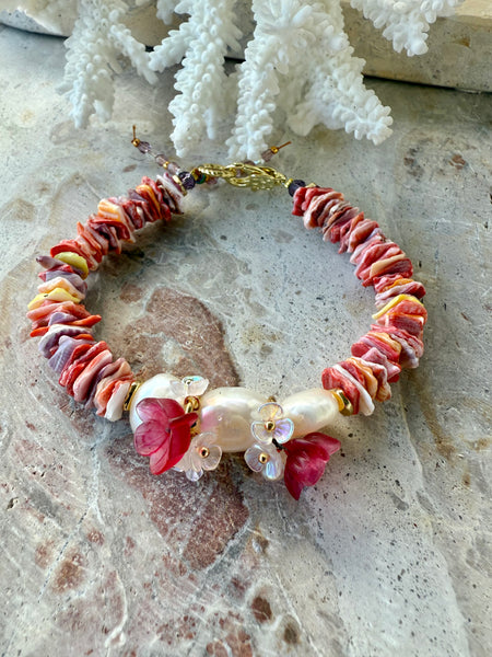 Pink Flower Shell Beaded Pearl Bracelet