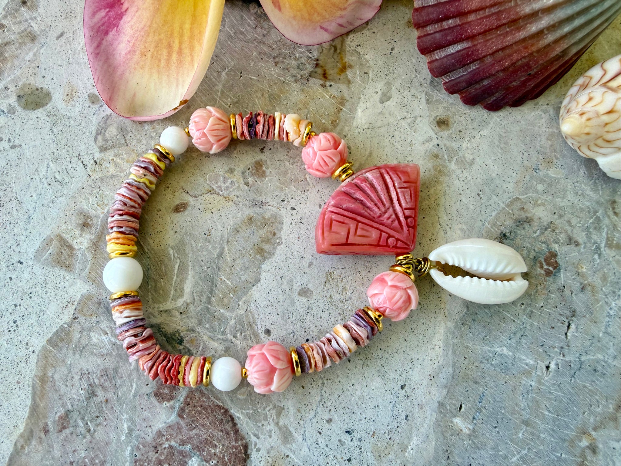 Sun-kissed Coral Cowrie Shell Bracelet