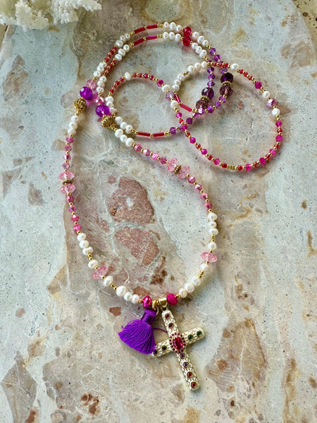 Pink Pearl Crystal Cross Necklace