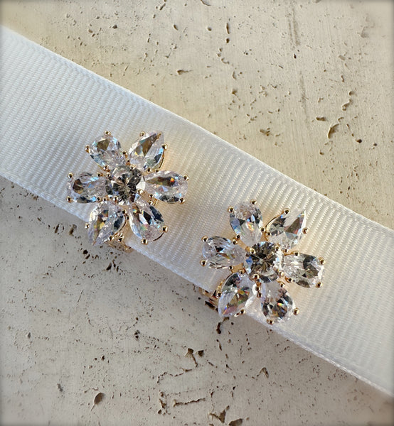 Crystal Flower Clip On Earrings