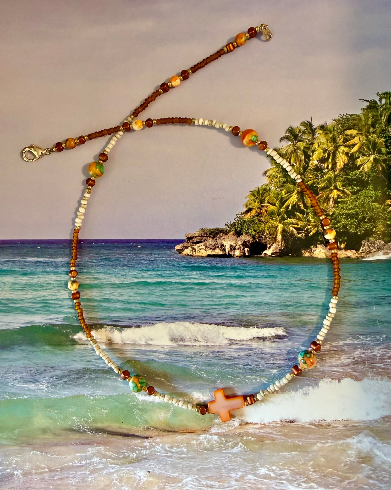 Sandy Beach Seed Bead Cross Necklace