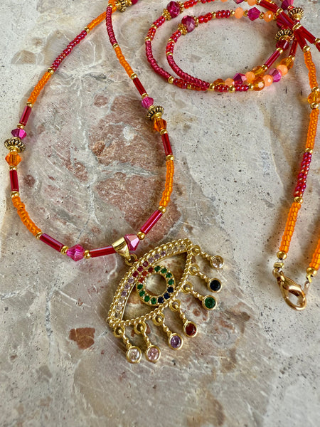 Orange Evil Eye Charm Seed Bead Necklace