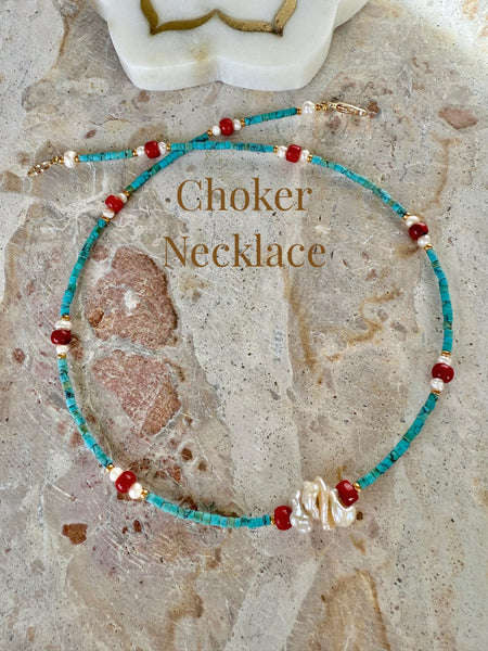 Turquoise Stone Pearl Choker -  Necklace