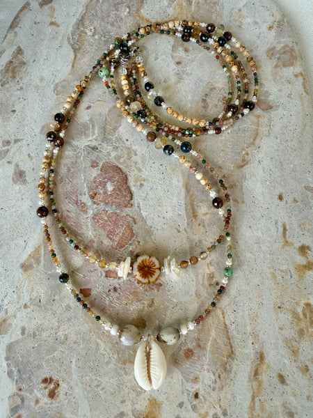 Beaded Agate Stone Cowrie Shell Necklace