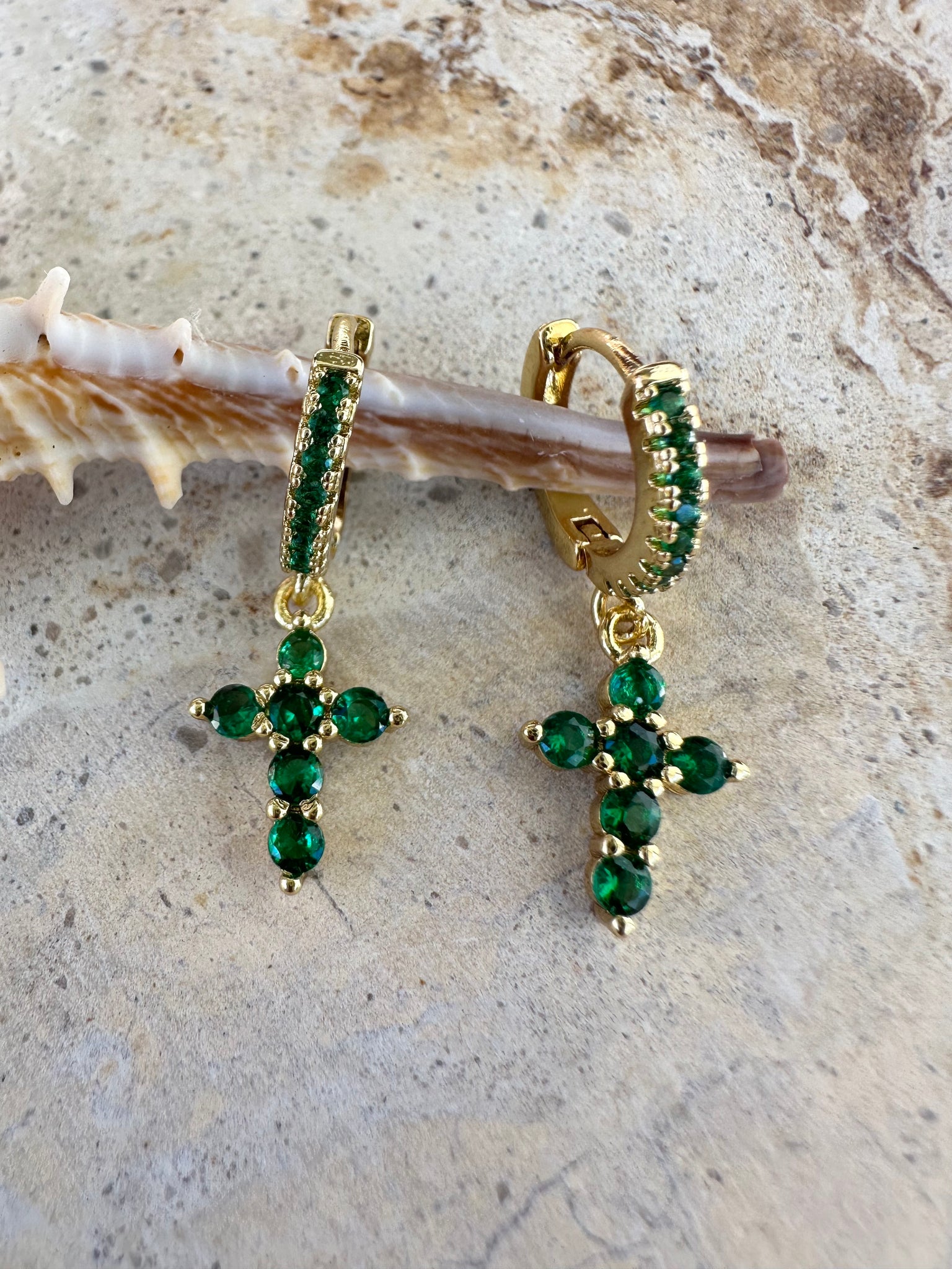 Green Gold Cross Earrings