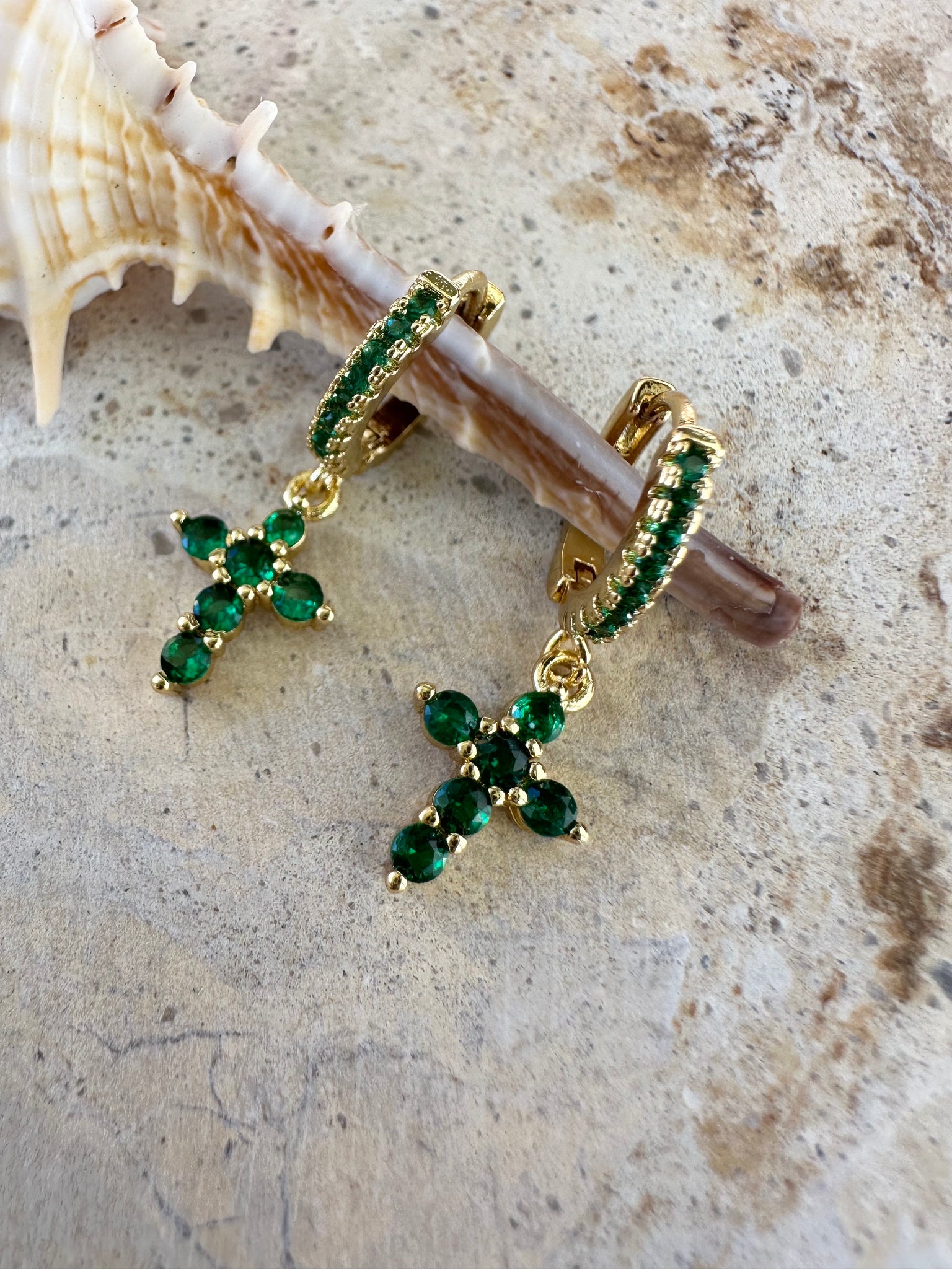 Green Gold Cross Earrings