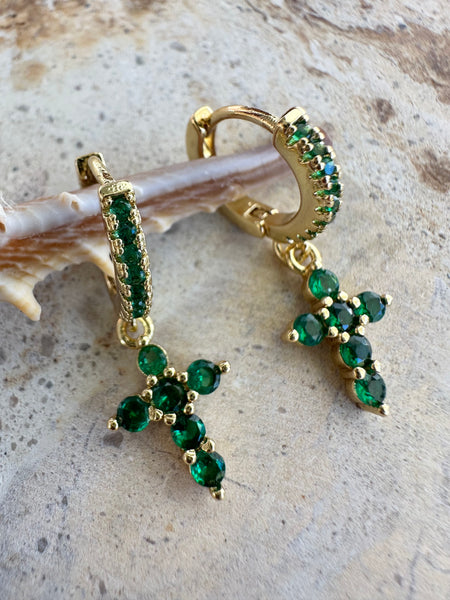 Green Gold Cross Earrings