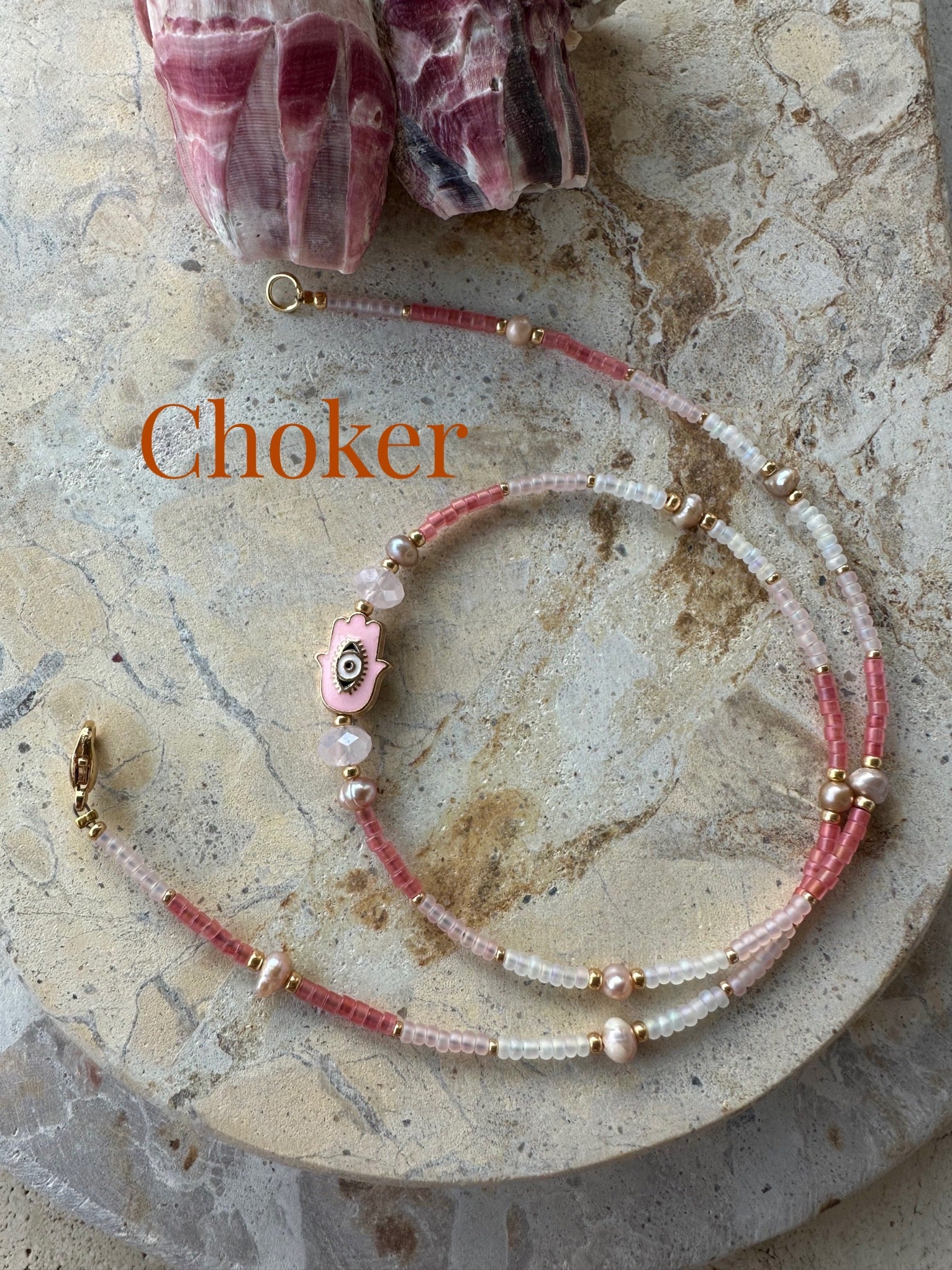 Pink Evil Eye Seed Bead Choker- Necklace