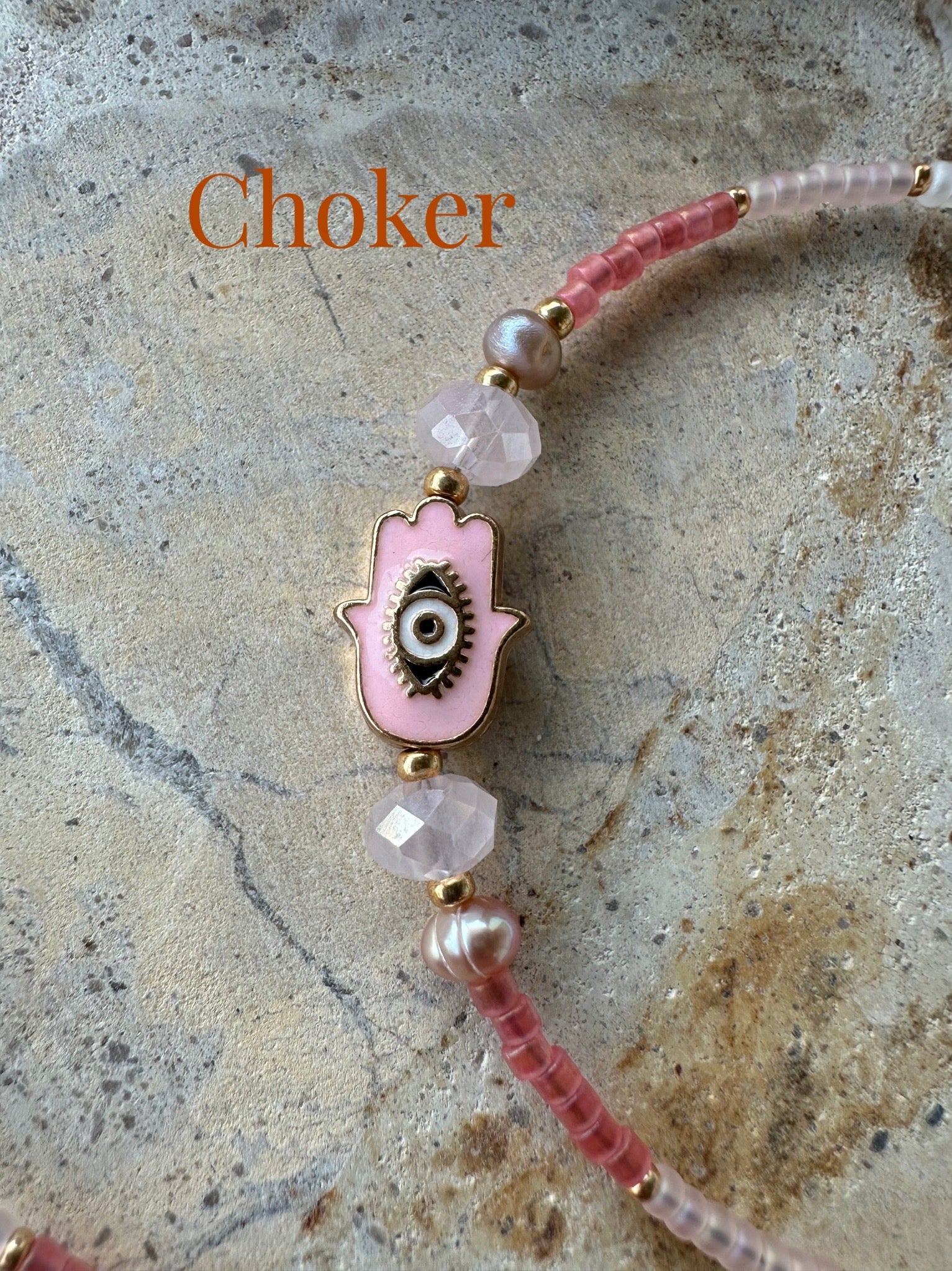 Pink Evil Eye Seed Bead Choker- Necklace