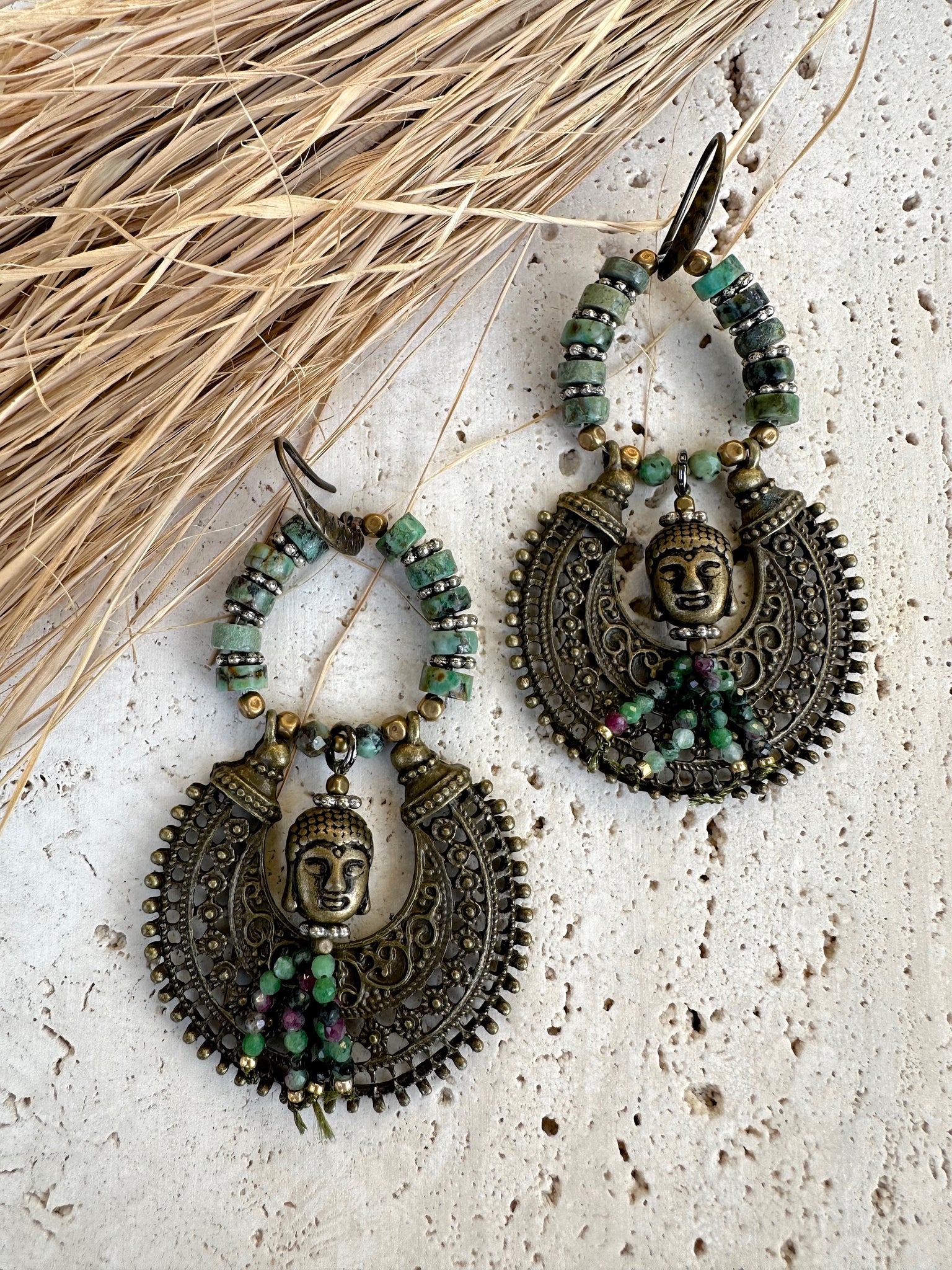 Brass Boho Earrings In Turquoise Stone