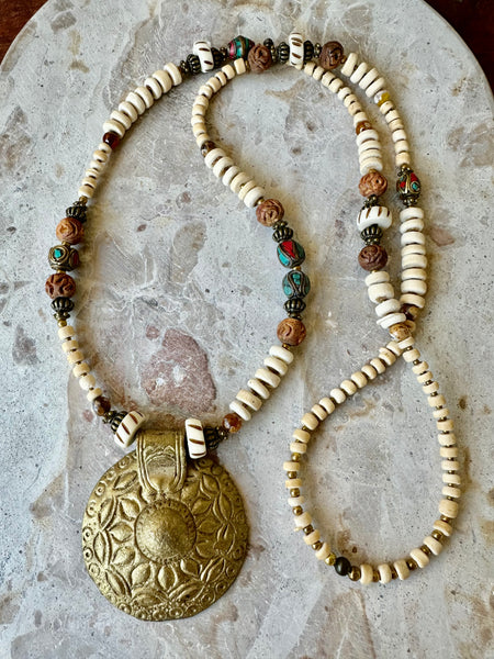 African Beaded Brass Amulet Necklace