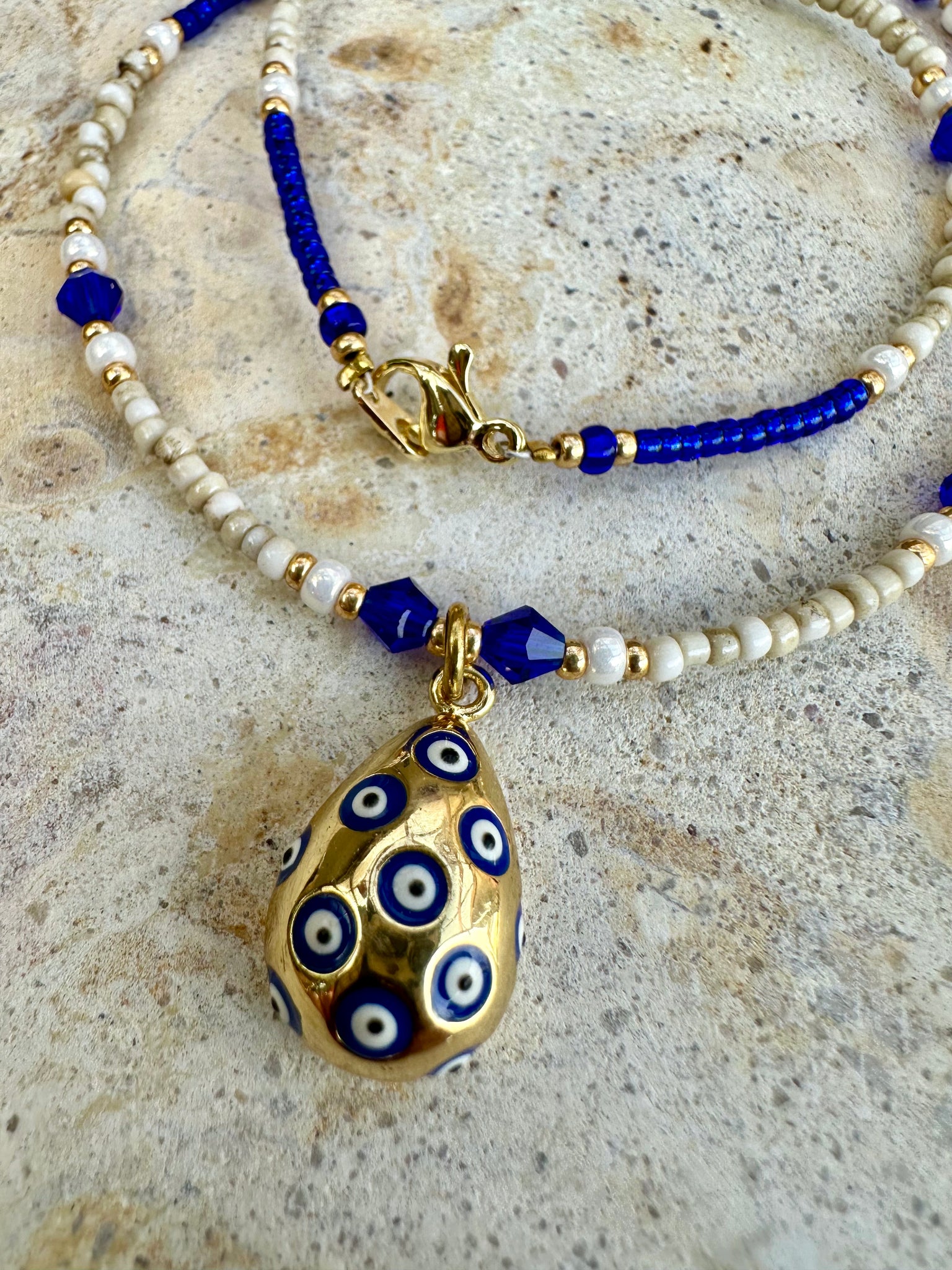 Gold Evil Eye Blue Seed Bead Choker