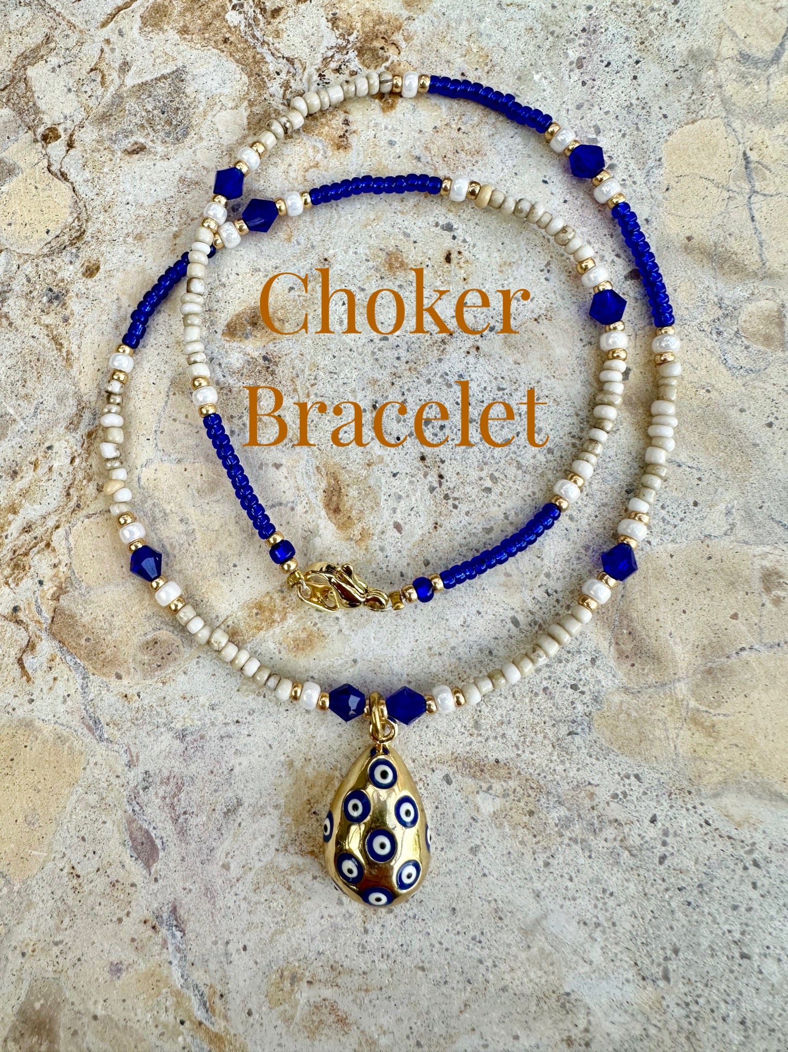 Gold Evil Eye Blue Seed Bead Choker