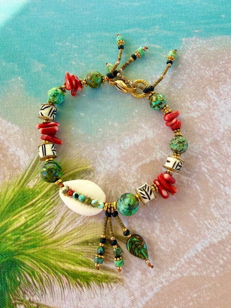 Hawaii Island Turquoise Cowrie Charm  Bracelet