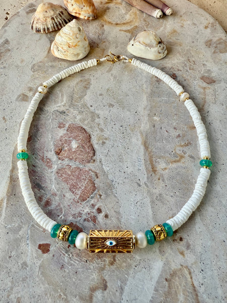 Gold Evil Eye Charm Shell Beaded Beach Choker