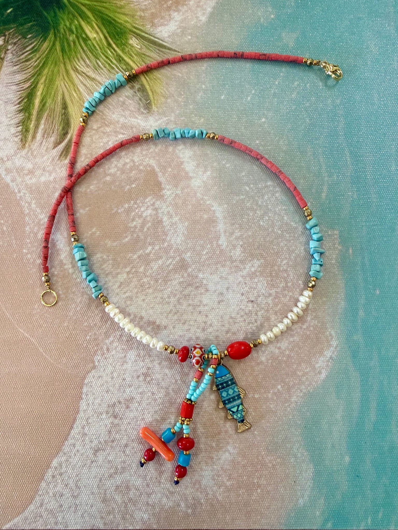 Greek  Pearl Aqua Stone Charm Necklace