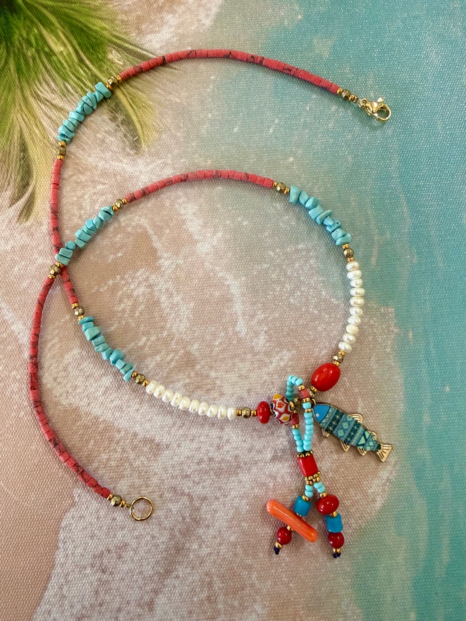 Greek  Pearl Aqua Stone Charm Necklace