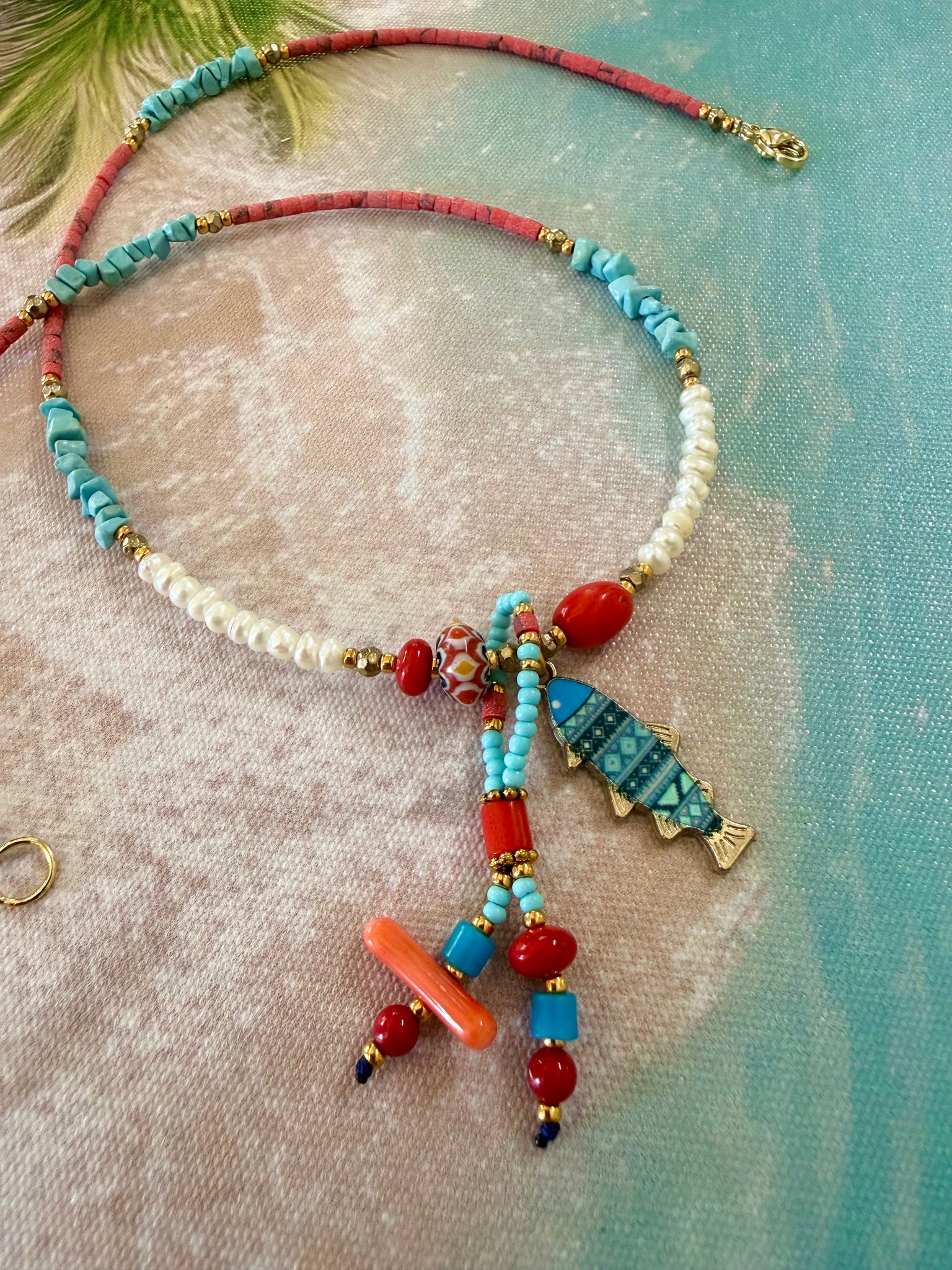 Greek  Pearl Aqua Stone Charm Necklace