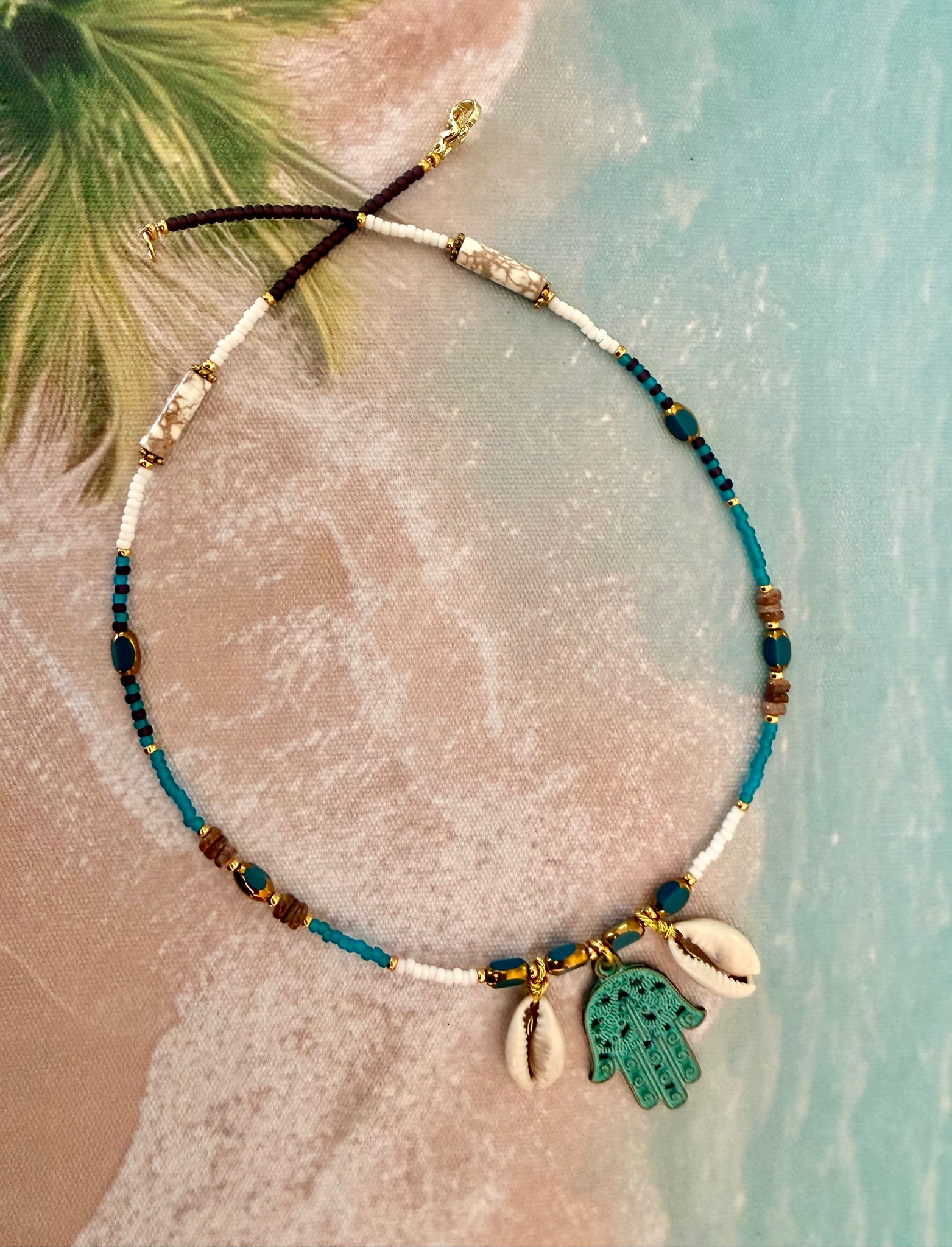 Hasma Hand Cowrie Shell Seed Bead Necklace