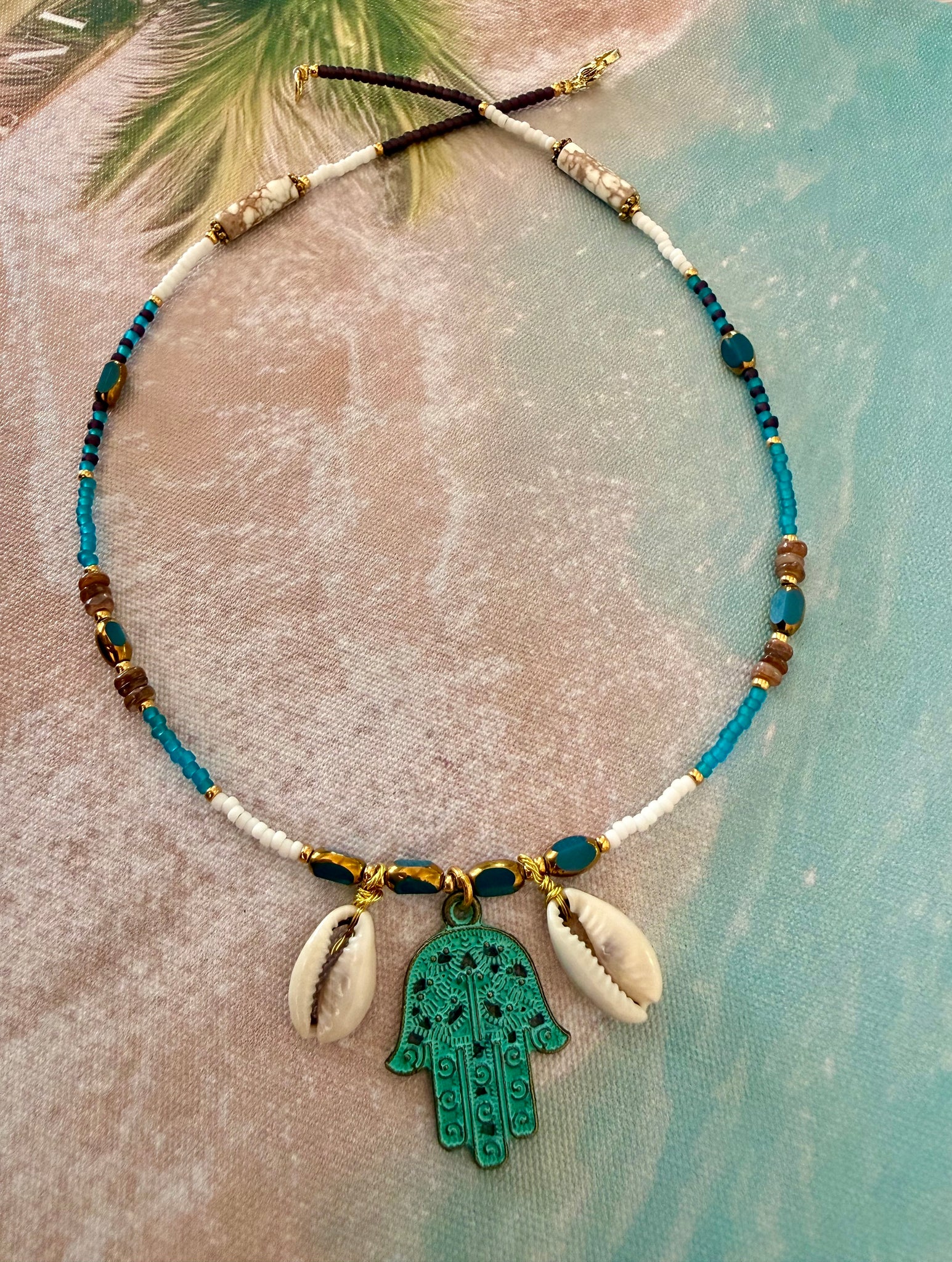 Hasma Hand Cowrie Shell Seed Bead Necklace