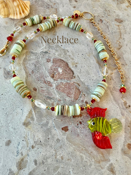 Shell Beaded Fish Charm Island Necklace