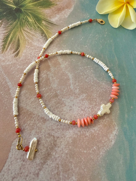 Coral Seashell Cross Necklace