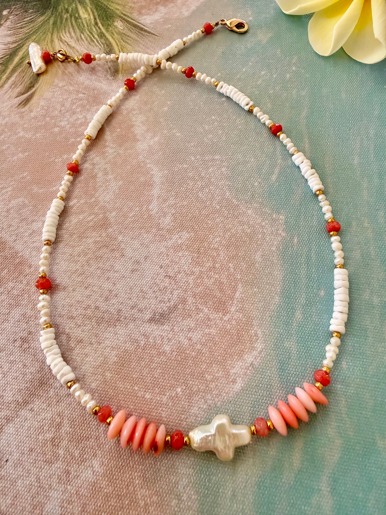 Coral Seashell Cross Necklace