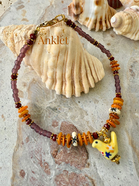 Boho Bird Charm Shell Beaded Anklet