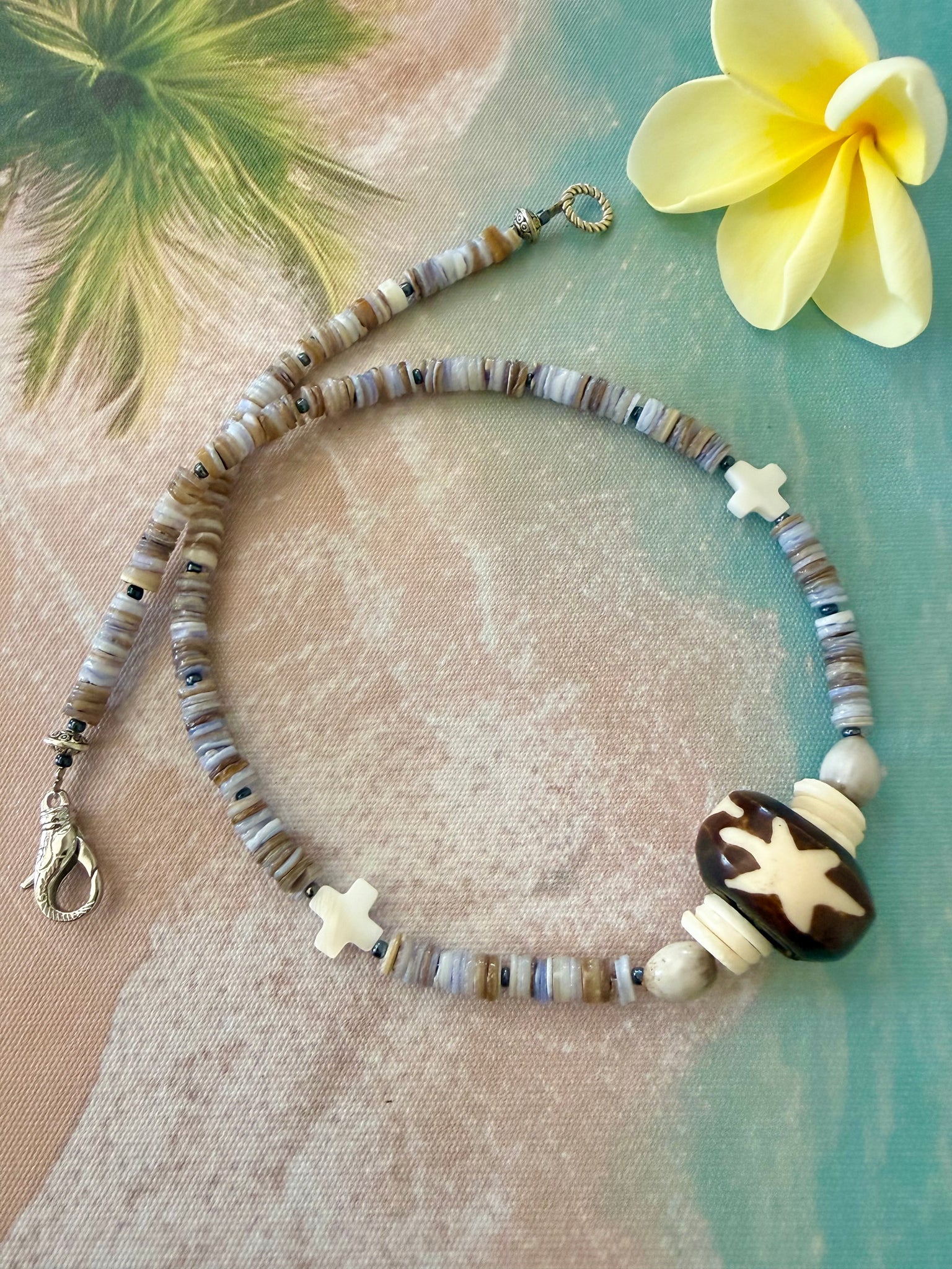 Tribal Cross Beaded Beach Shell Necklace