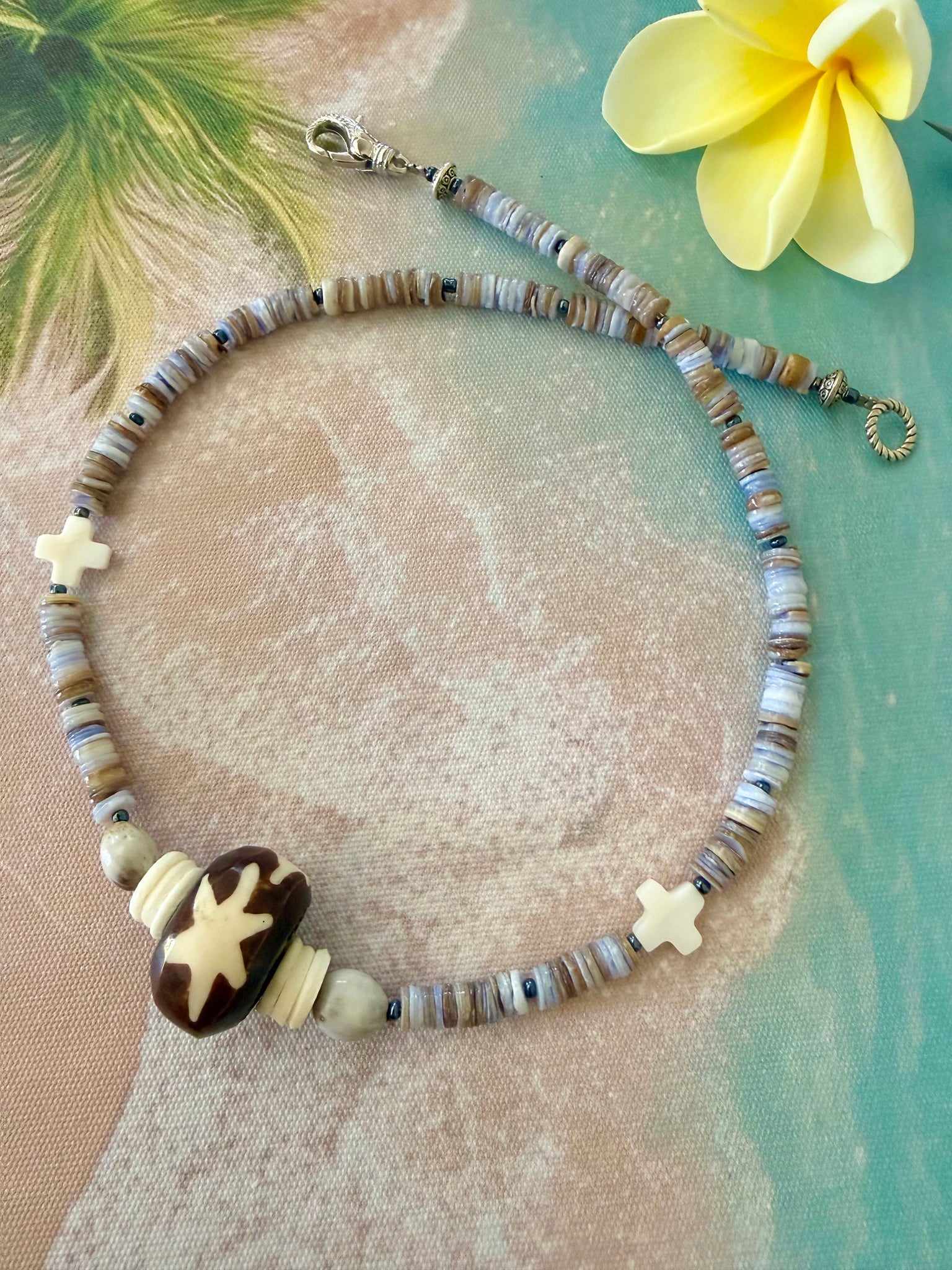 Tribal Cross Beaded Beach Shell Necklace