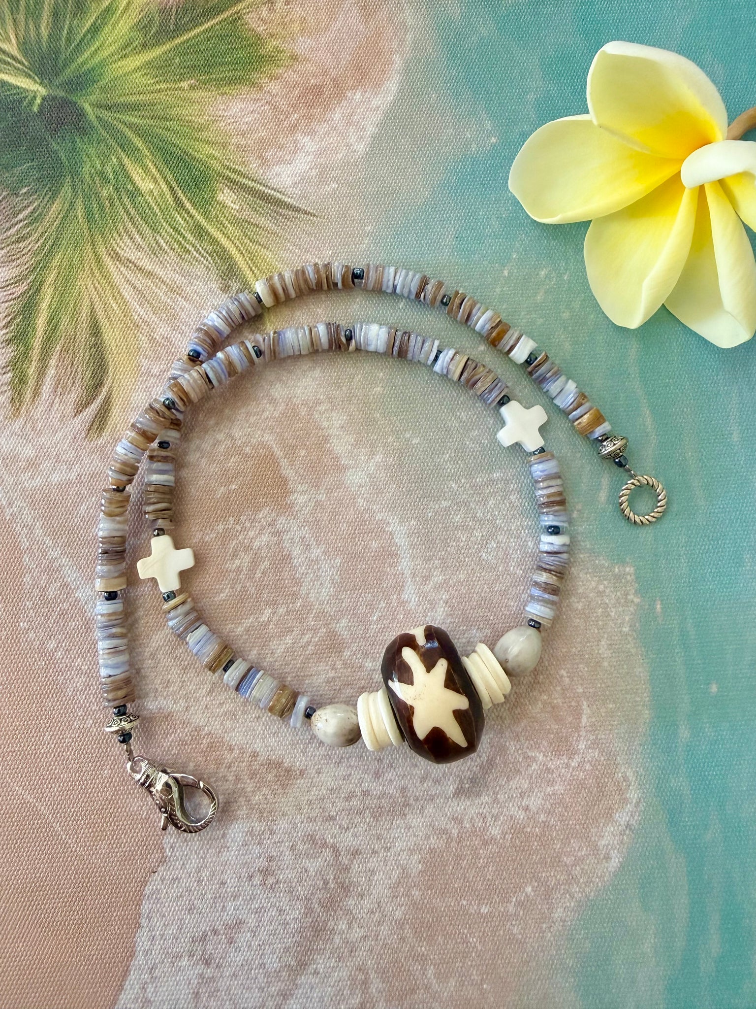 Tribal Cross Beaded Beach Shell Necklace