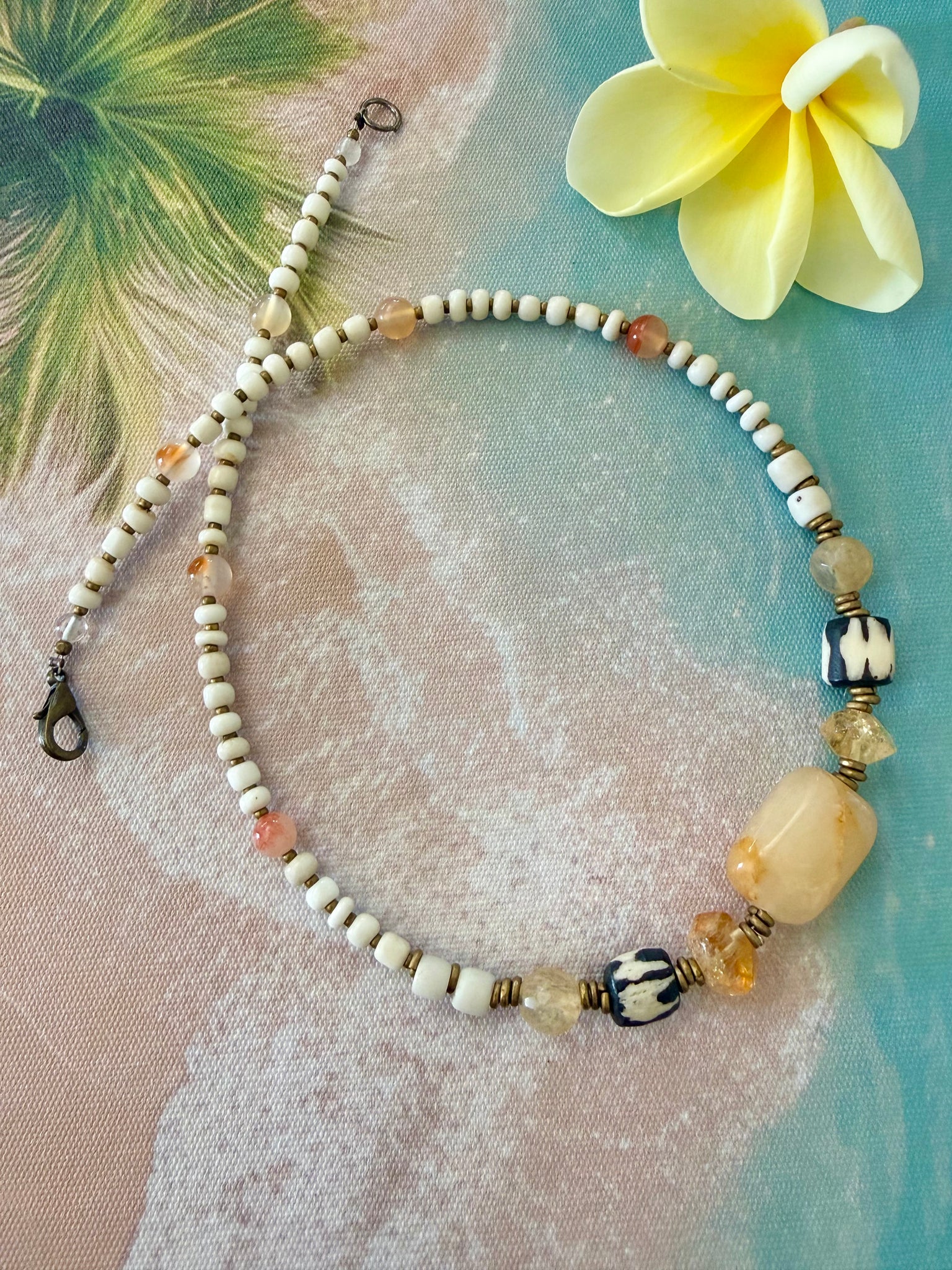 Island Citrine & African Trade Bead Boho Necklace