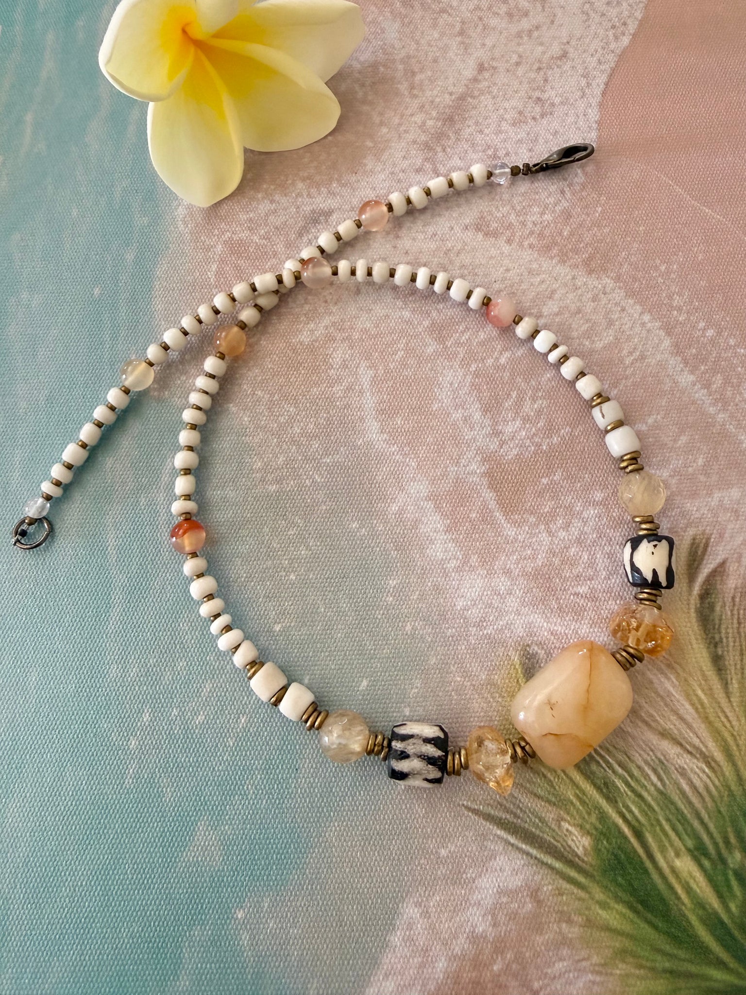 Island Citrine & African Trade Bead Boho Necklace