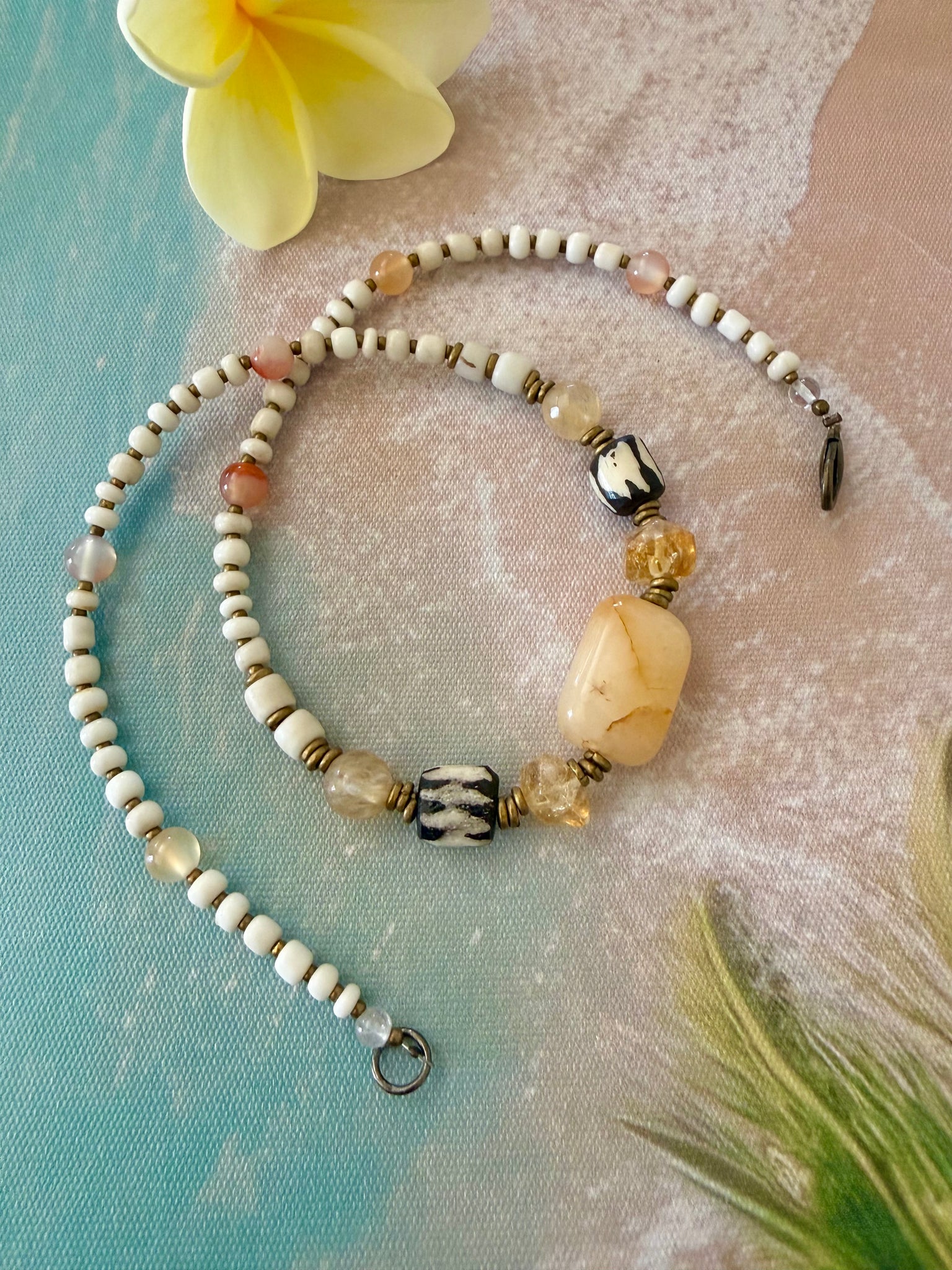 Island Citrine & African Trade Bead Boho Necklace