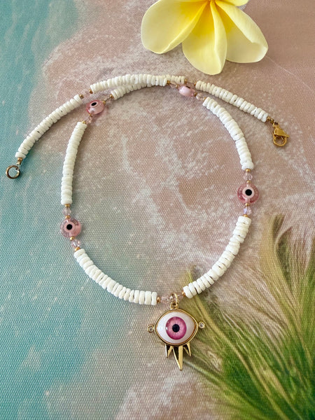Pink Evil Eye Boho Protection Necklace